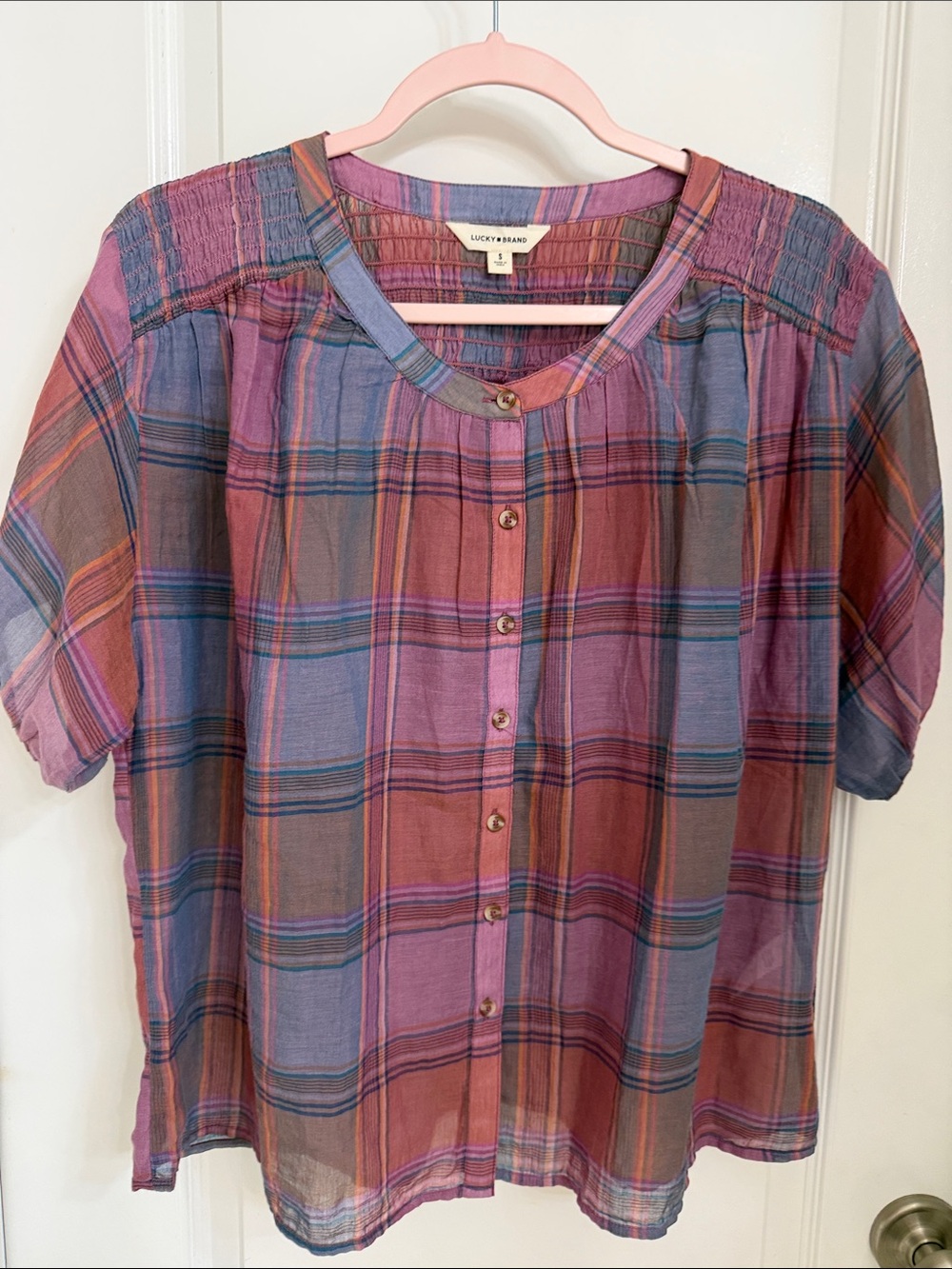 Lucky Brand Pink and Blue Plaid Button-Front Women's Top